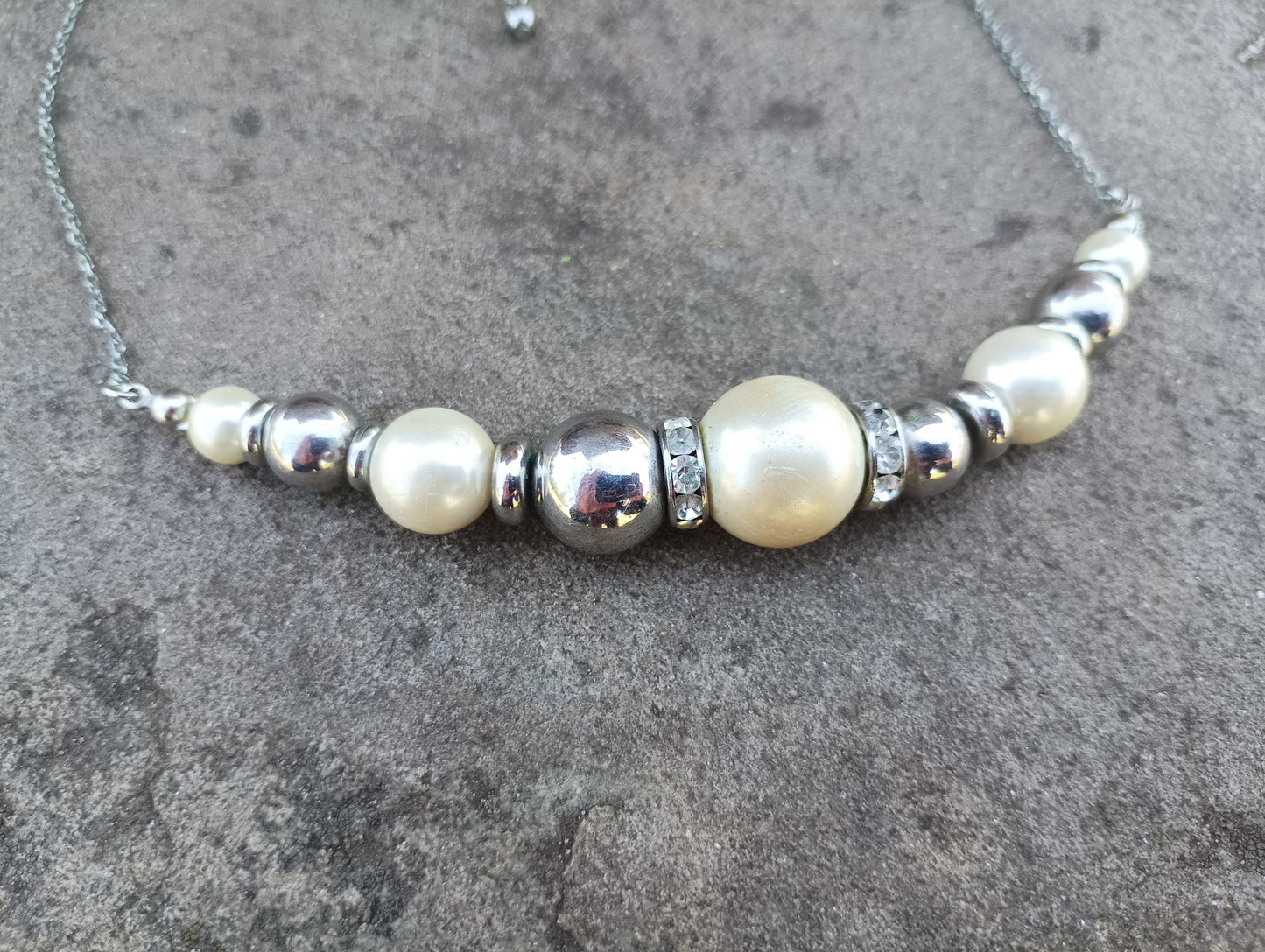 Vintage Pearl Beaded Necklace: 1990s Silver Tone Chain Choker