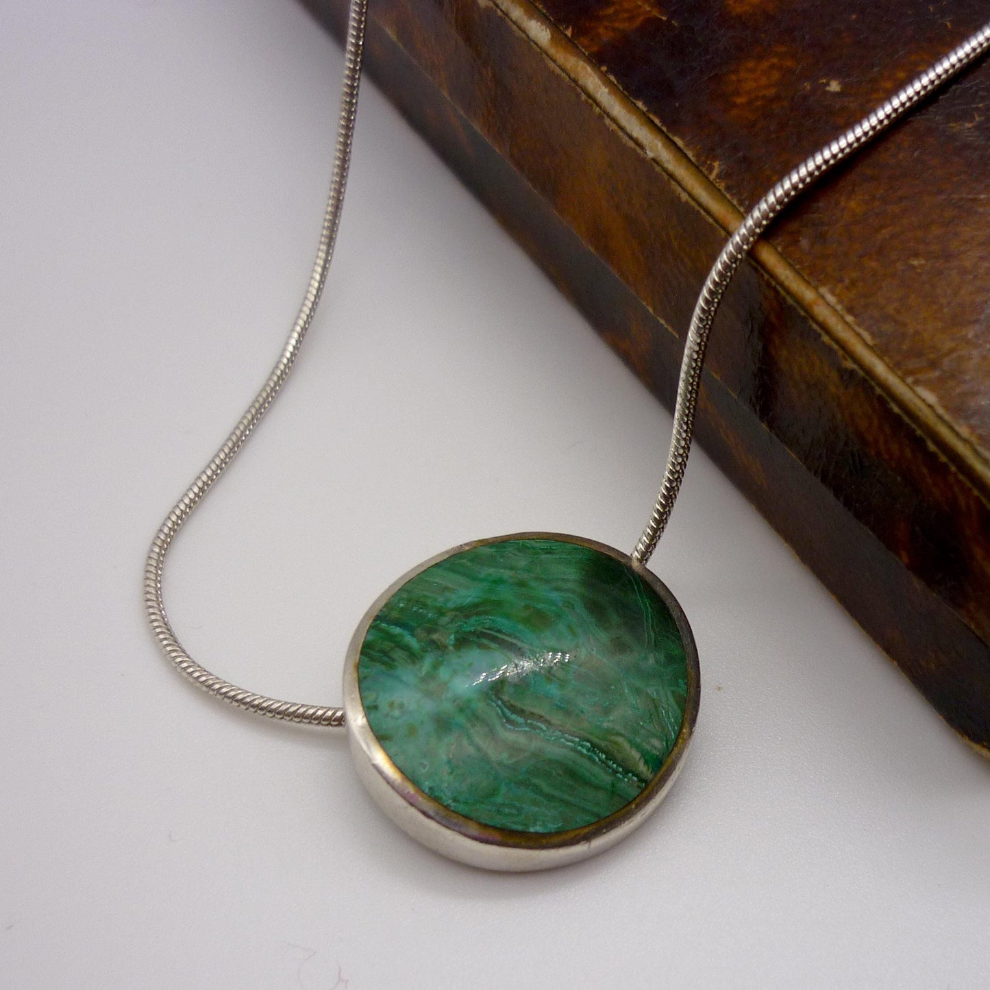 Vintage Sterling Silver & Malachite Orlap Pendant on Snake Chain