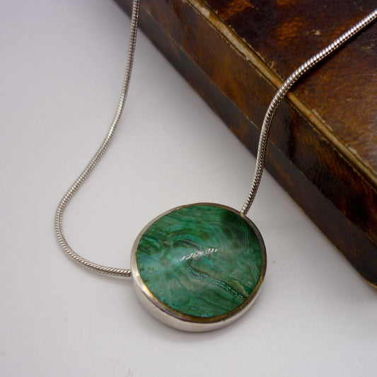 Vintage Sterling Silver & Malachite Orlap Pendant on Snake Chain