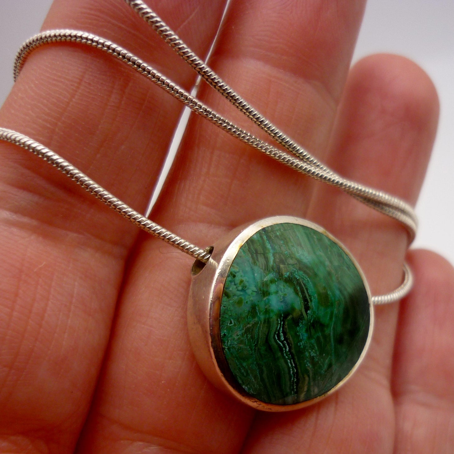 Vintage Sterling Silver & Malachite Orlap Pendant on Snake Chain