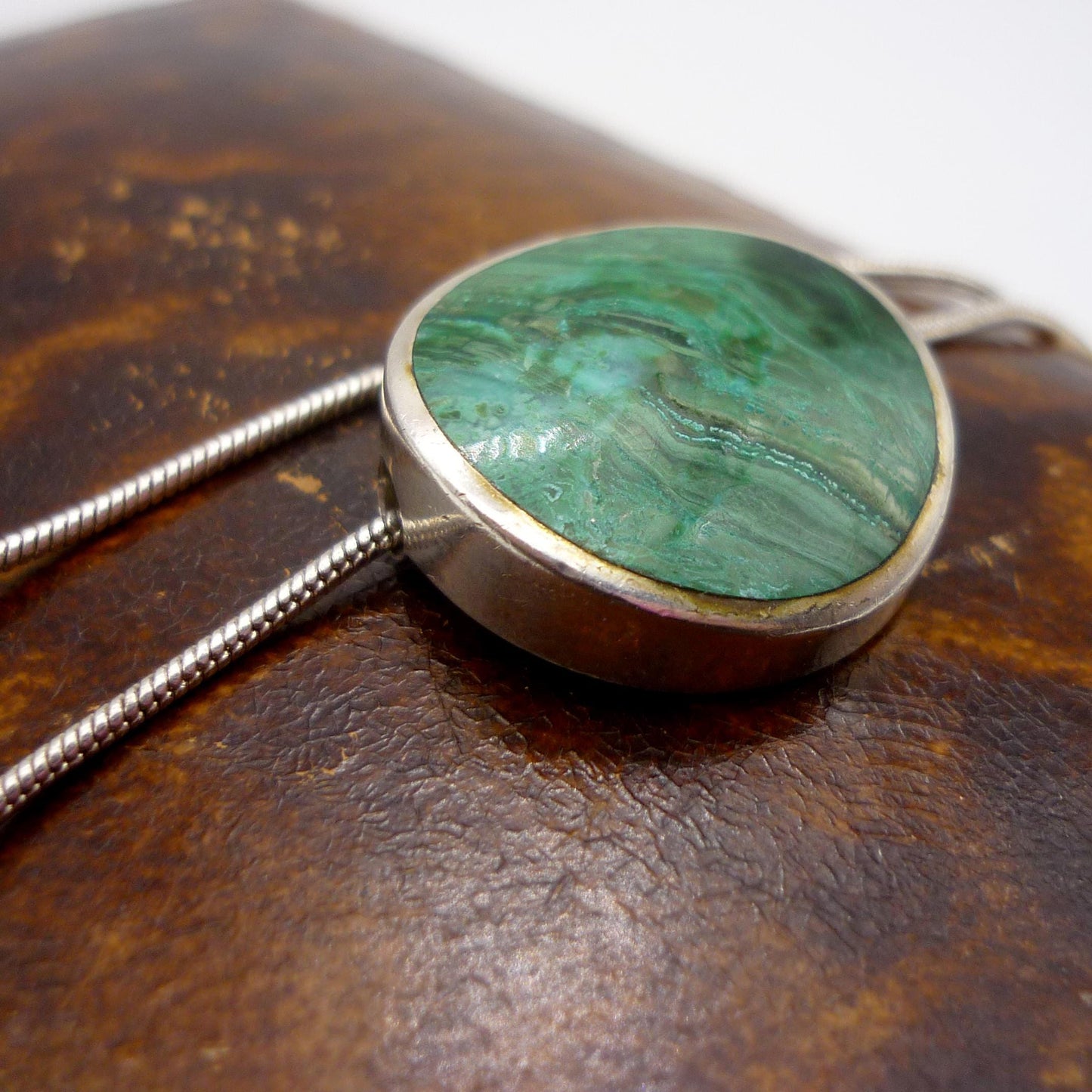 Vintage Sterling Silver & Malachite Orlap Pendant on Snake Chain