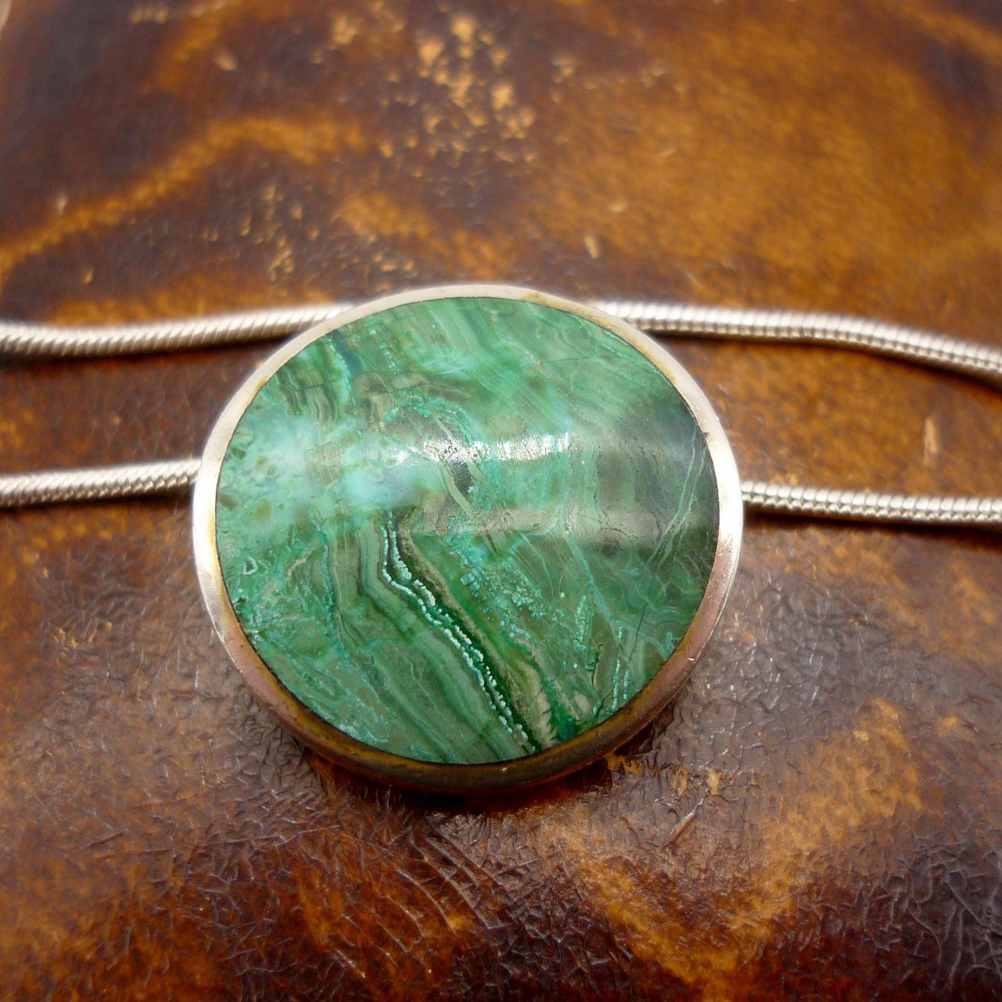 Vintage Sterling Silver & Malachite Orlap Pendant on Snake Chain