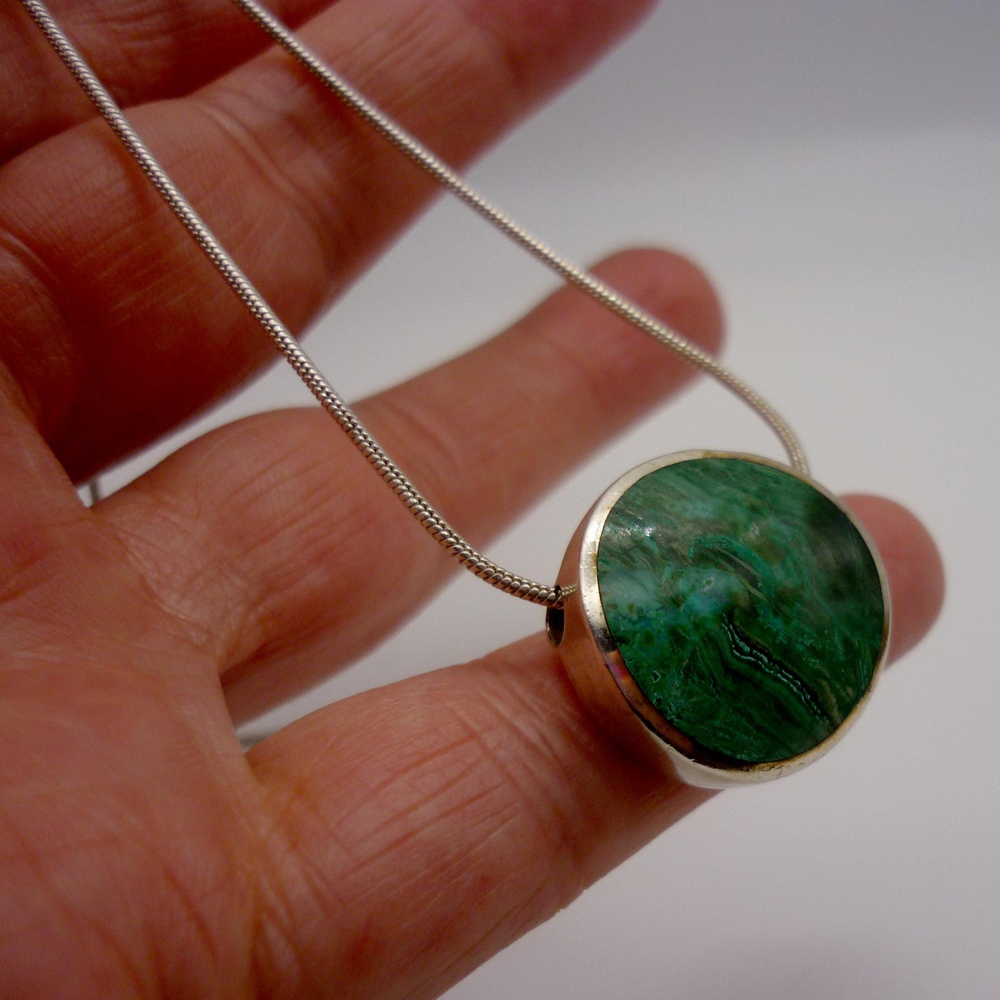 Vintage Sterling Silver & Malachite Orlap Pendant on Snake Chain