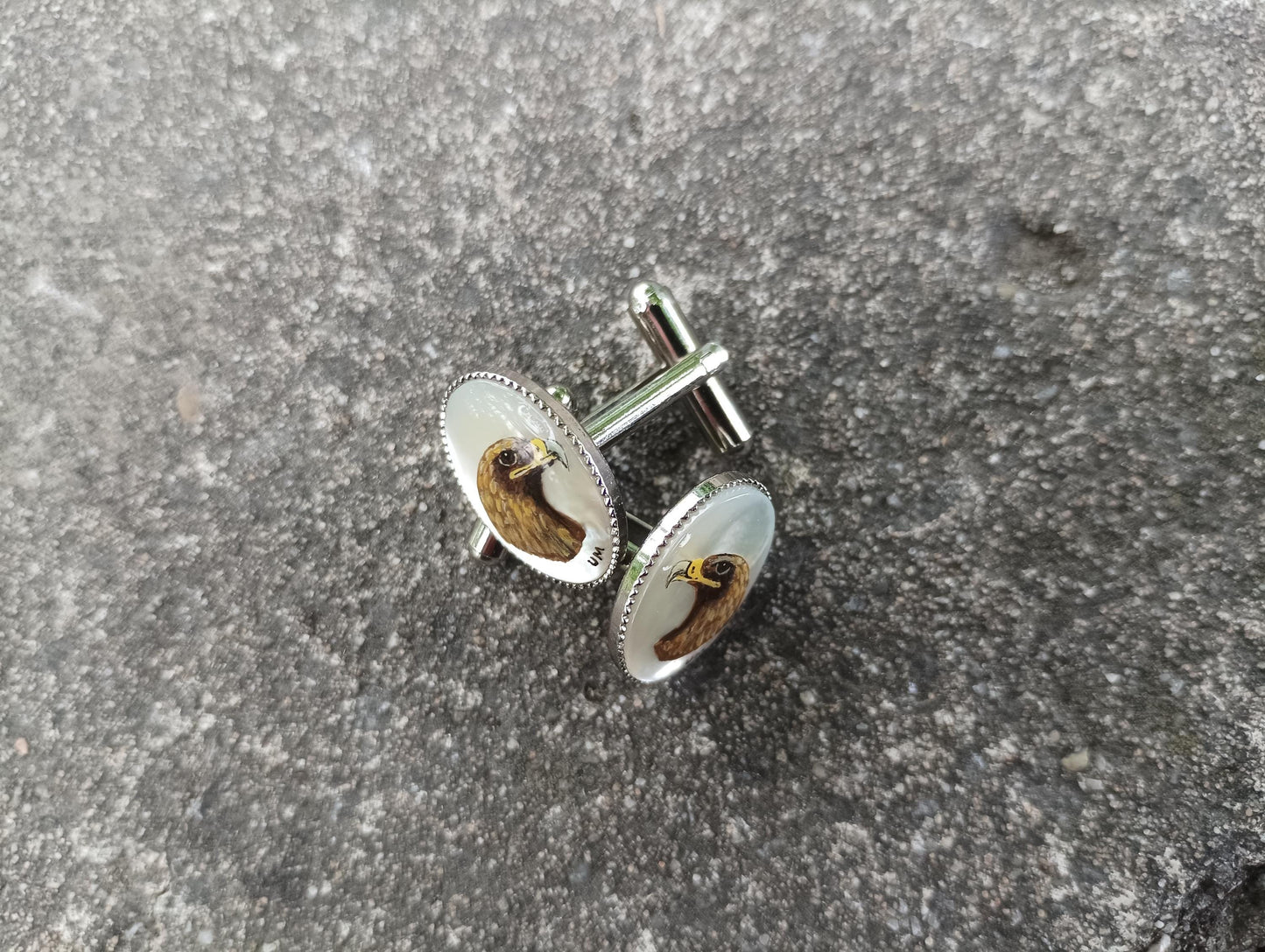 Vintage Hand Painted Eagle Cufflinks: Mother of Pearl Retro Accessory