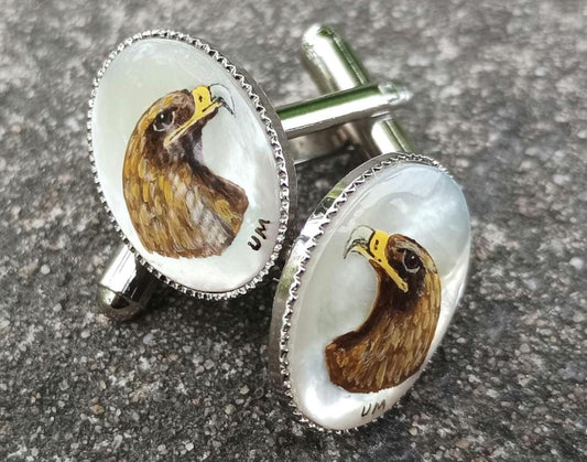 Vintage Hand Painted Eagle Cufflinks: Mother of Pearl Retro Accessory
