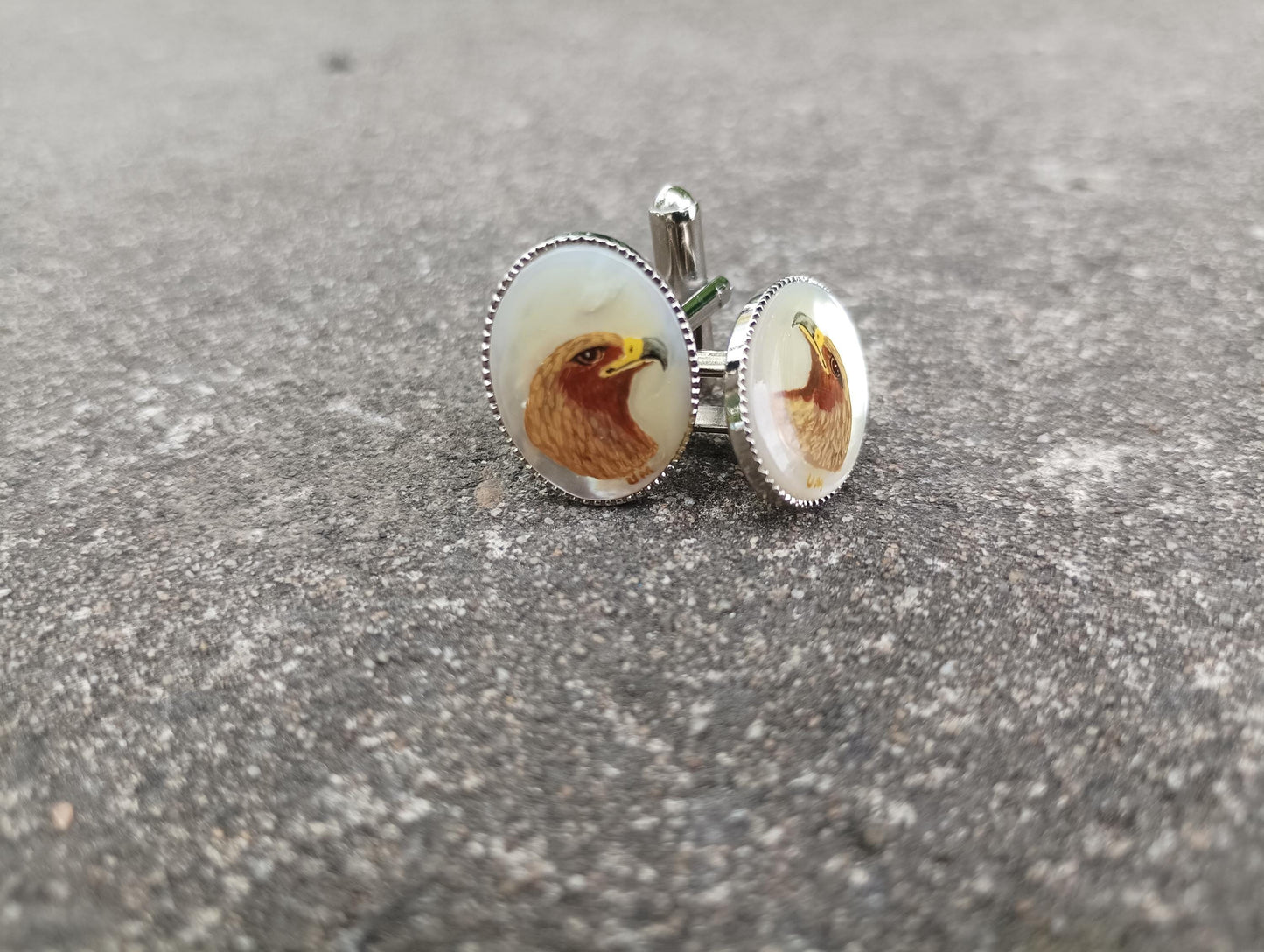 Vintage Hand Painted Eagle Cufflinks: Mother of Pearl Retro Accessory