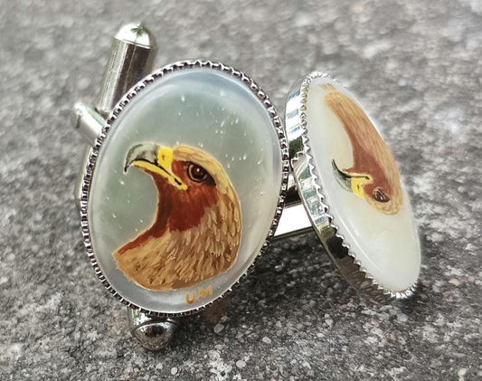 Vintage Hand Painted Eagle Cufflinks: Mother of Pearl Retro Accessory