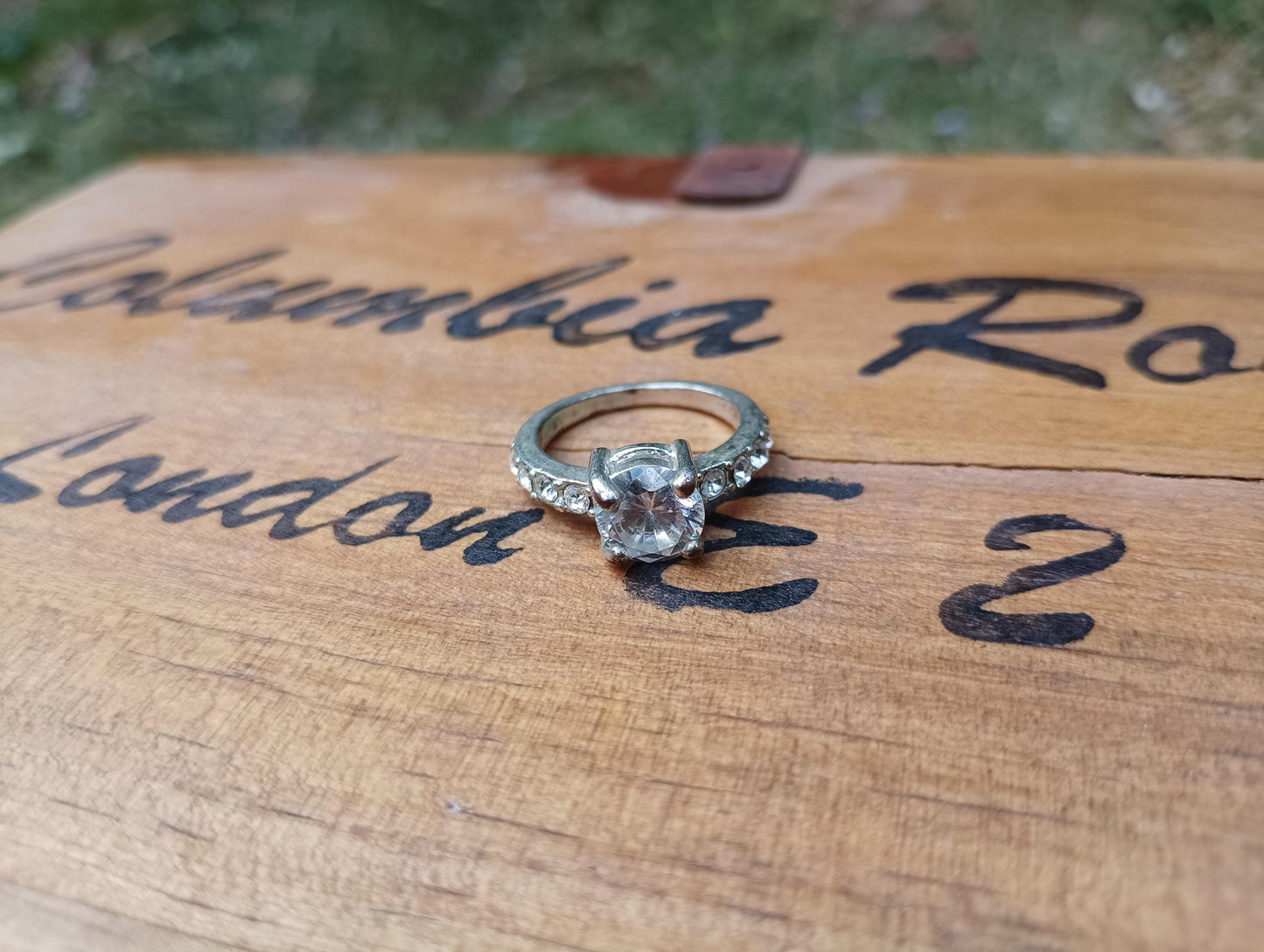 Vintage CZ Solitaire Ring, Silver Plated Band, Size 6.25