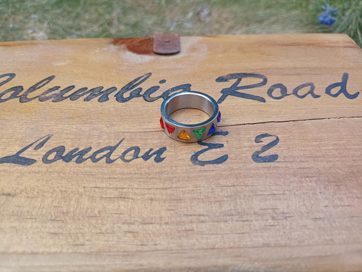 Titanium Rainbow Crystal Ring: Chunky Triangle Design, LGBTQ+ Jewelry