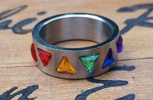 Titanium Rainbow Crystal Ring: Chunky Triangle Design, LGBTQ+ Jewelry