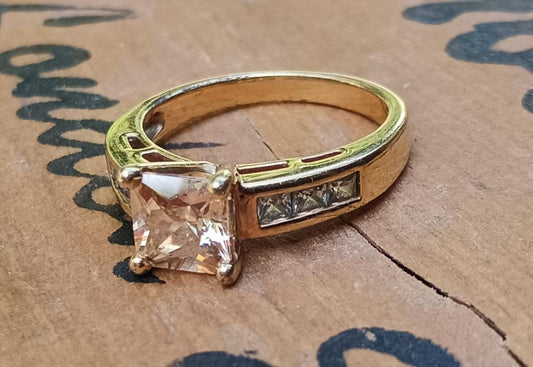 Princess Cut Champagne CZ Ring: Gold Plated Cubic Zirconia, US Size 8