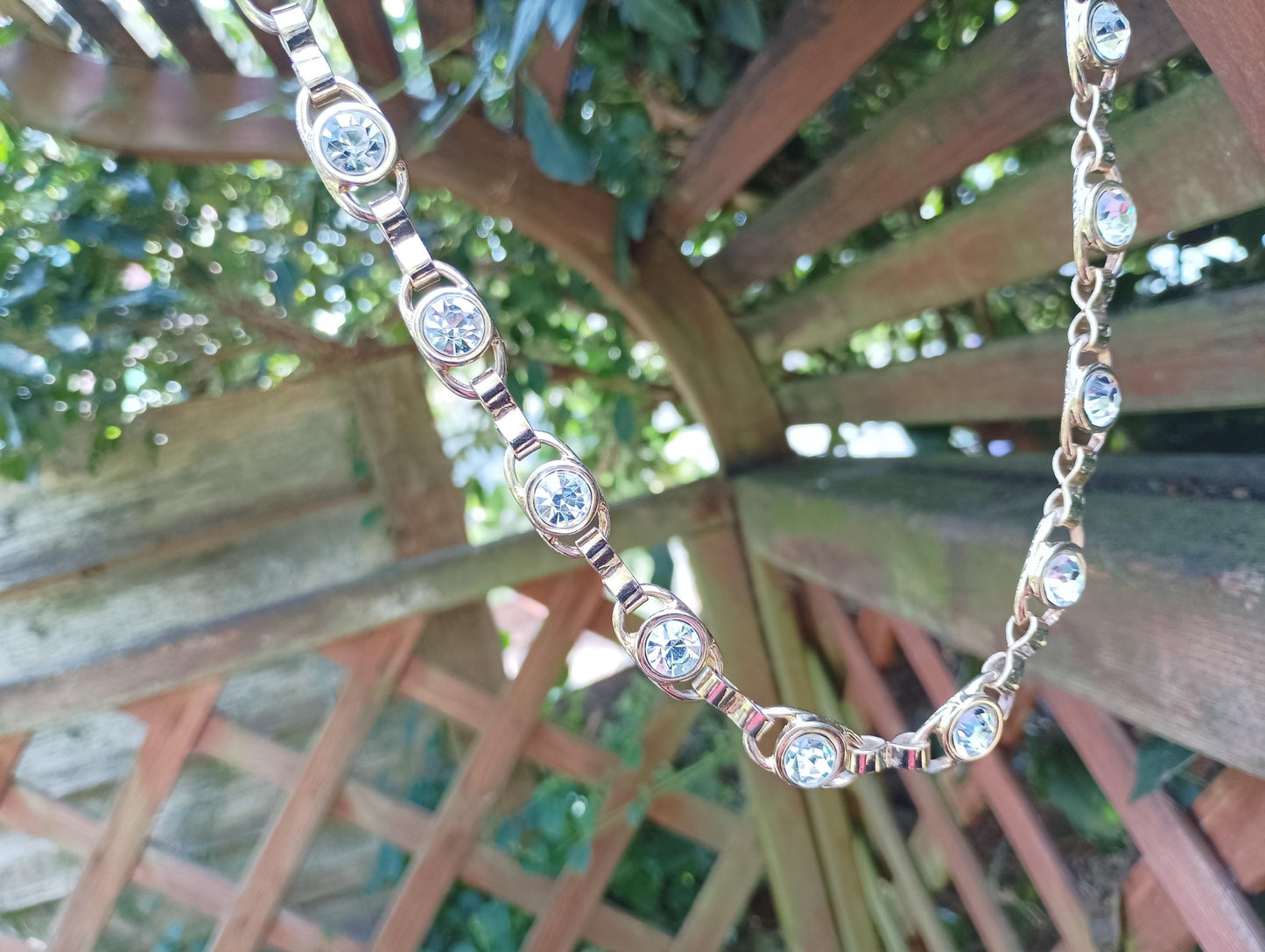 Vintage Gold Plated Rhinestone Chain Necklace: 1980s Costume Jewelry