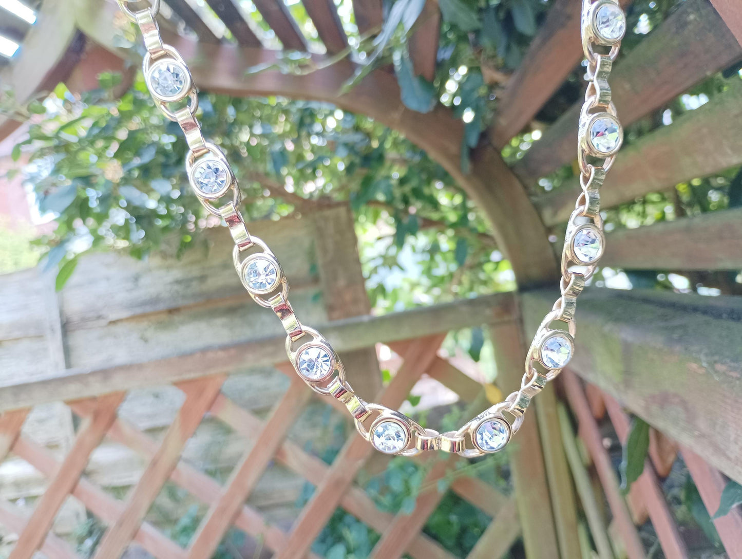 Vintage Gold Plated Rhinestone Chain Necklace: 1980s Costume Jewelry