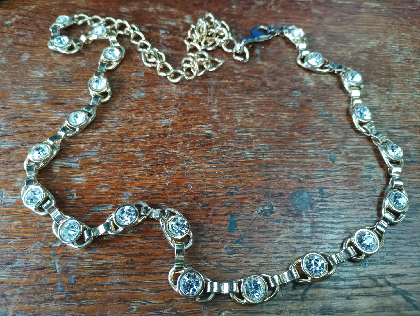 Vintage Gold Plated Rhinestone Chain Necklace: 1980s Costume Jewelry