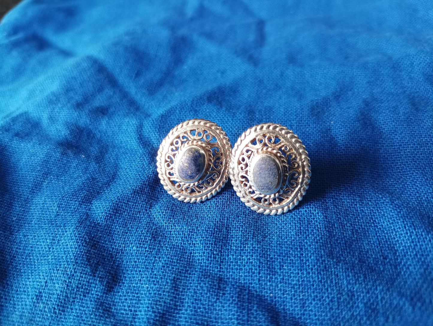 Vintage Lapis Lazuli Silver Earrings: Filigree Boho Jewelry