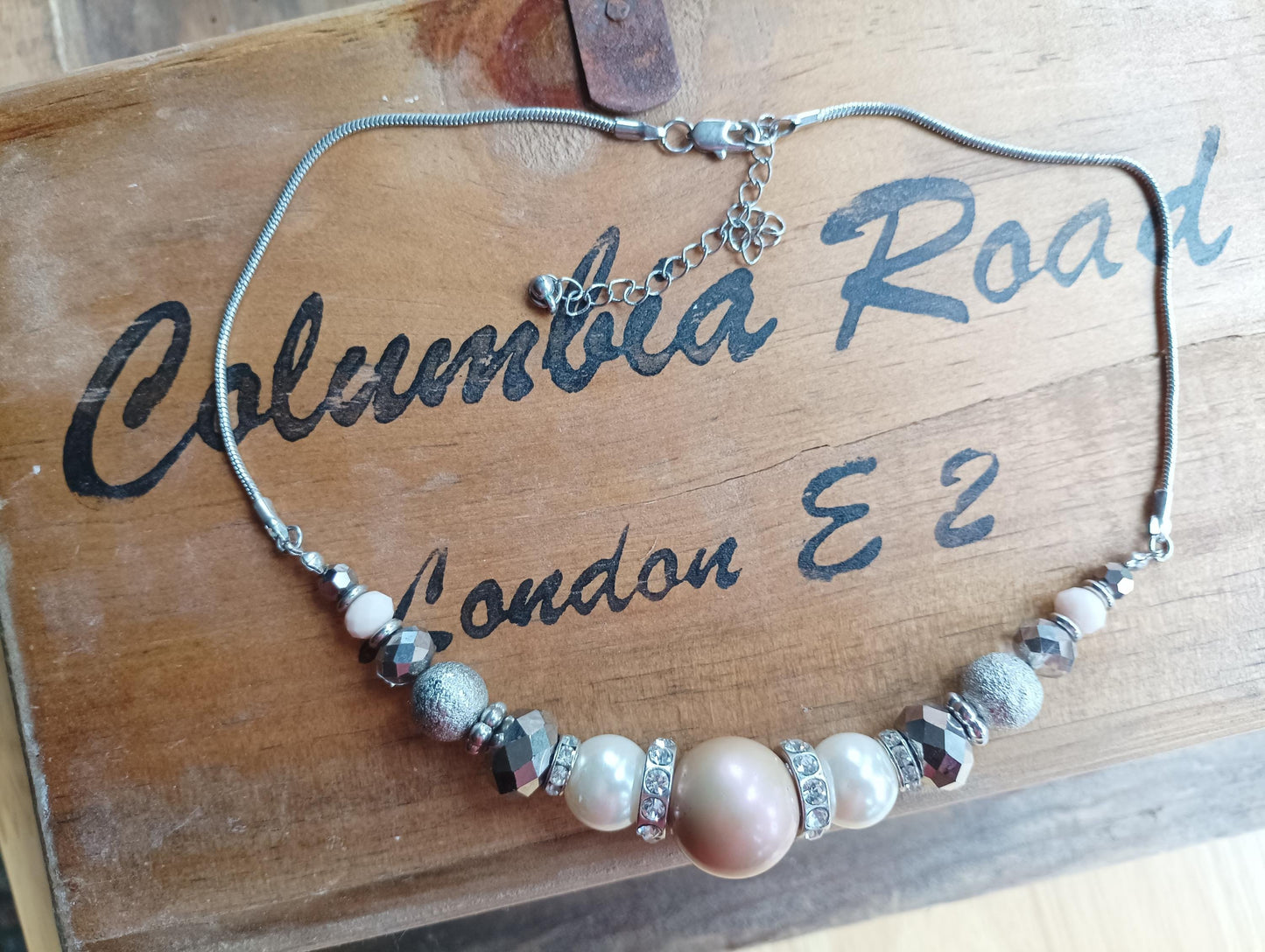 1990s Pearl Beaded Choker: Silver Tone Chain, Diamante Costume