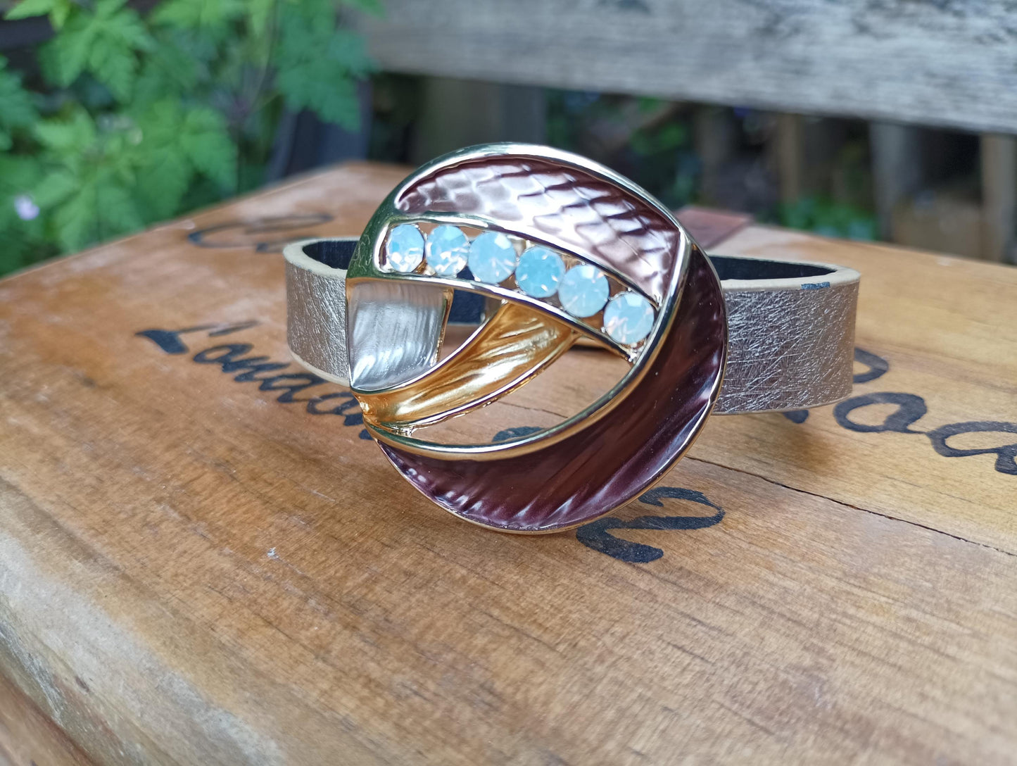 Vintage 1980s Bangle Bracelet: Retro Magnetic Clasp, Peach Rhinestones