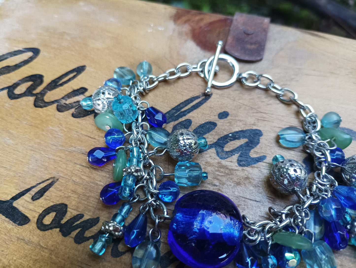 Vintage Blue Aquamarine Glass Charm Bracelet: Silver Plated Nautical Jewelry