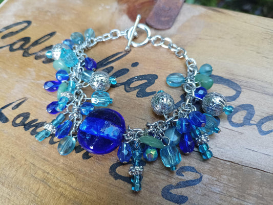 Vintage Blue Aquamarine Glass Charm Bracelet: Silver Plated Nautical Jewelry