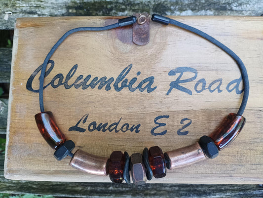 Vintage Industrial Choker: Faux Amber Beads, Brutalist Necklace