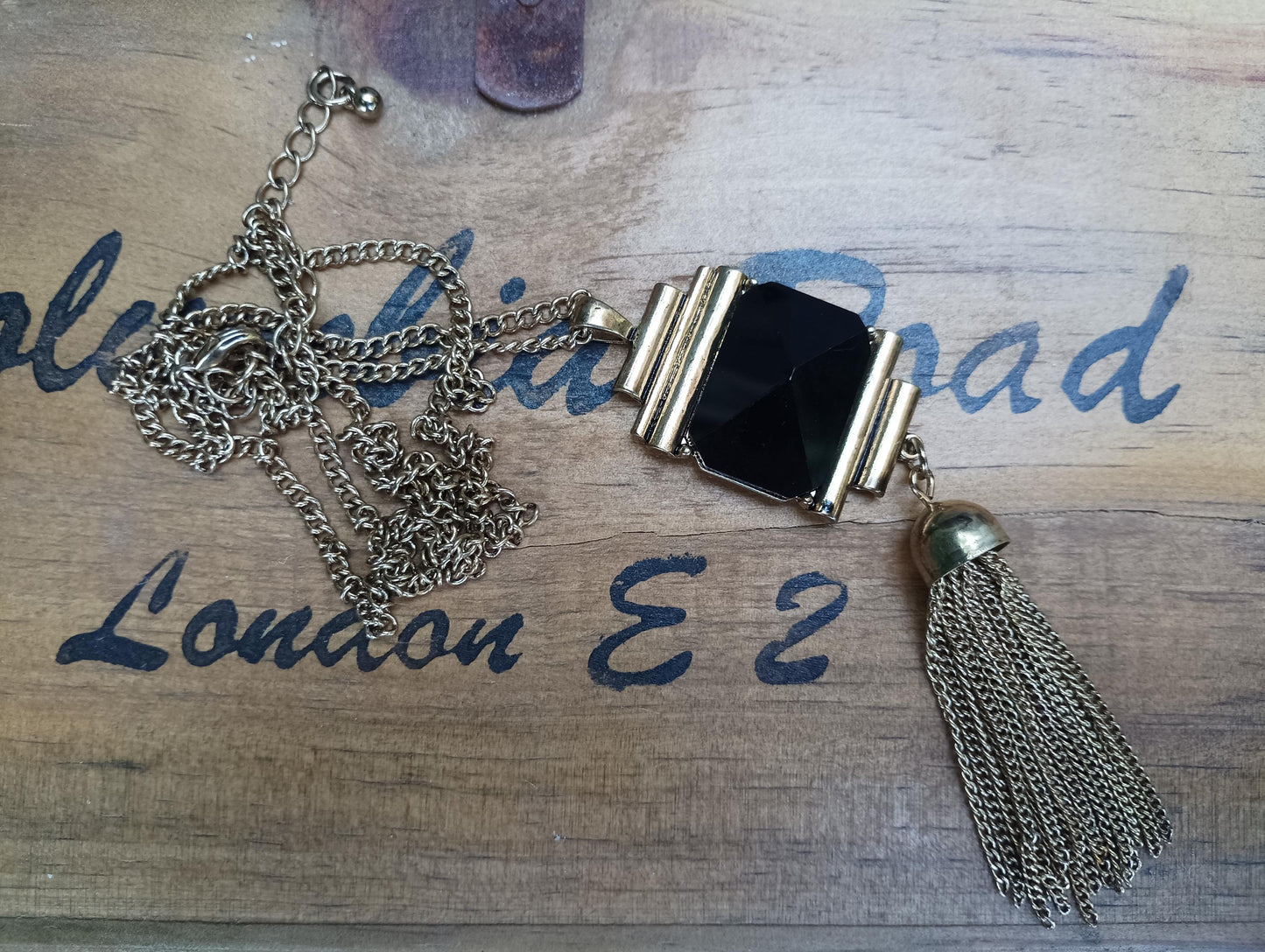 Vintage Gold Tone Black Glass Pyramid Tassel Necklace