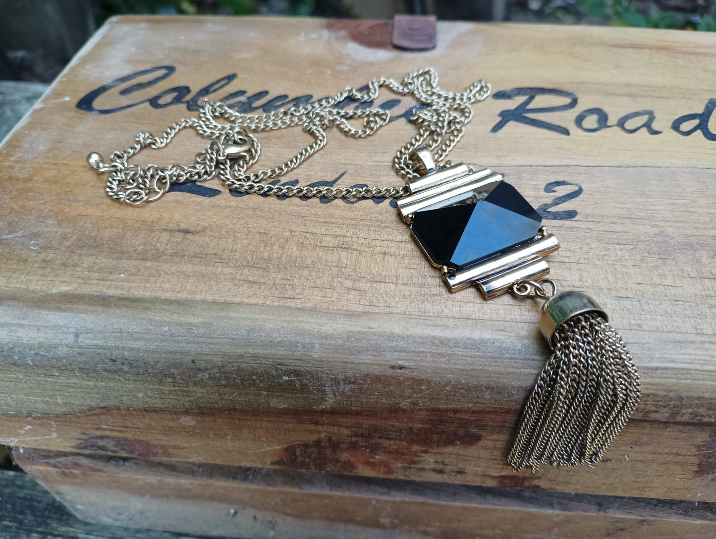 Vintage Gold Tone Black Glass Pyramid Tassel Necklace