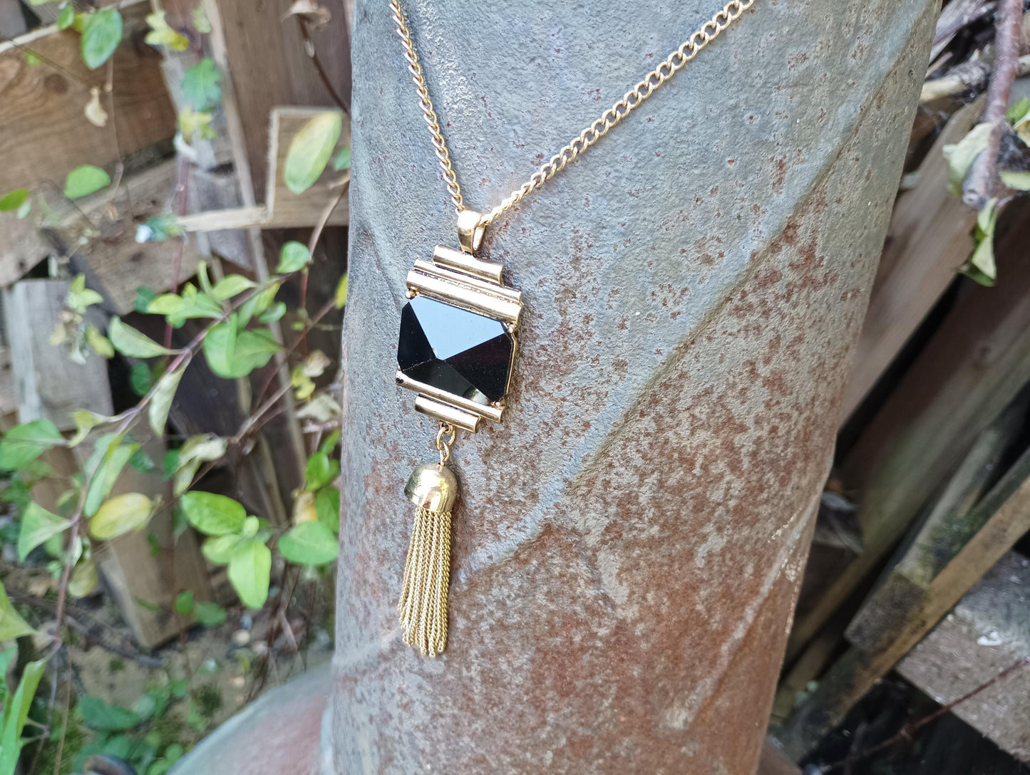 Vintage Gold Tone Black Glass Pyramid Tassel Necklace