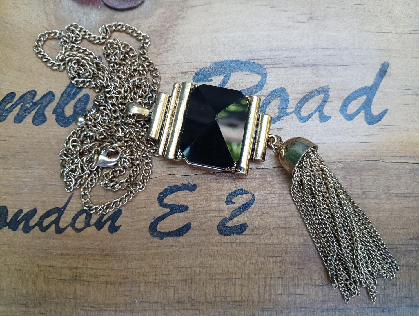 Vintage Gold Tone Black Glass Pyramid Tassel Necklace