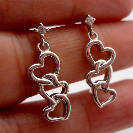 Sterling Silver Dangle Interlocking Heart Earrings with Small Zircon Studs