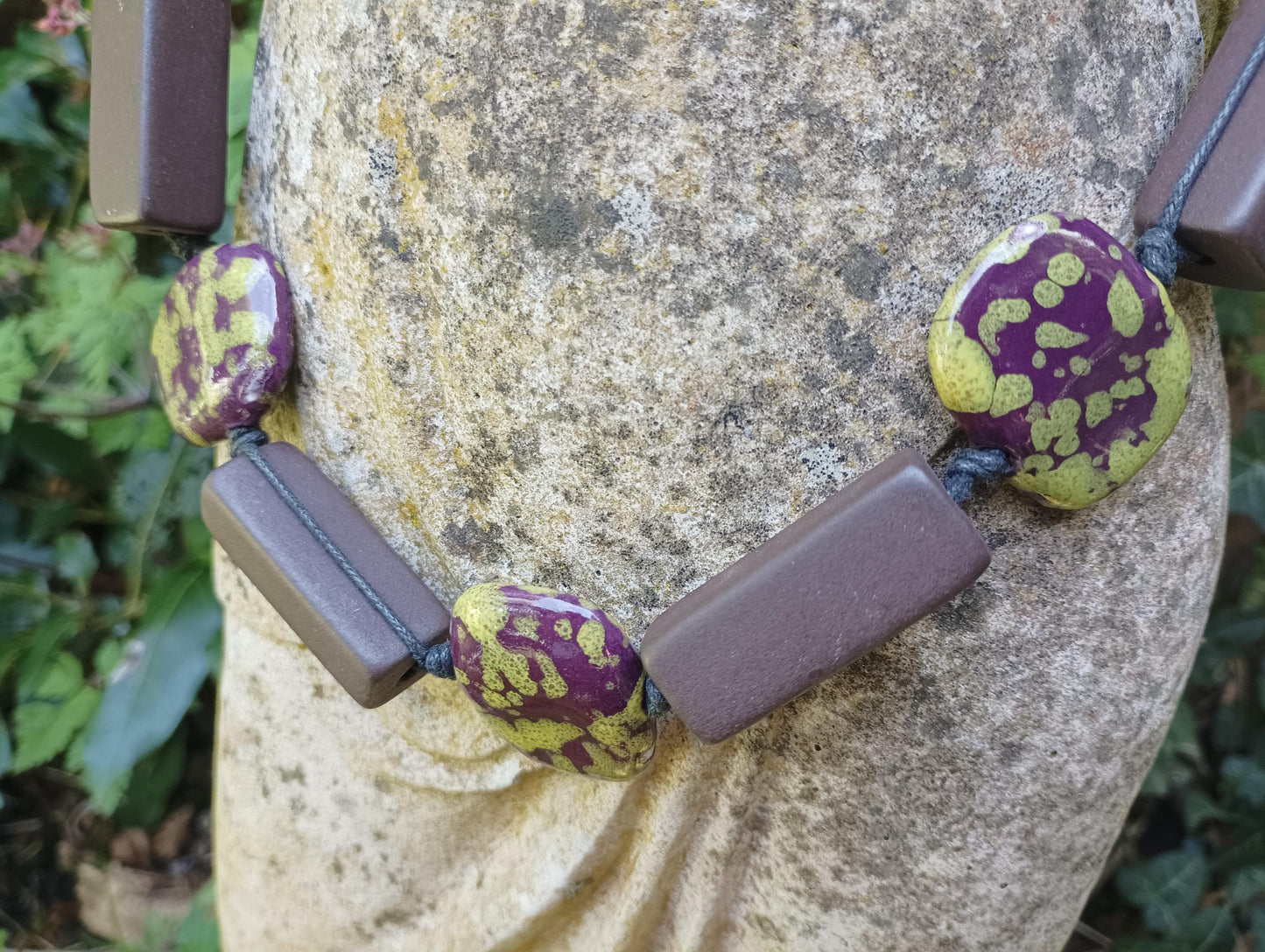 Retro Ceramic Beaded Necklace: Chunky Algae Chocolate Pottery