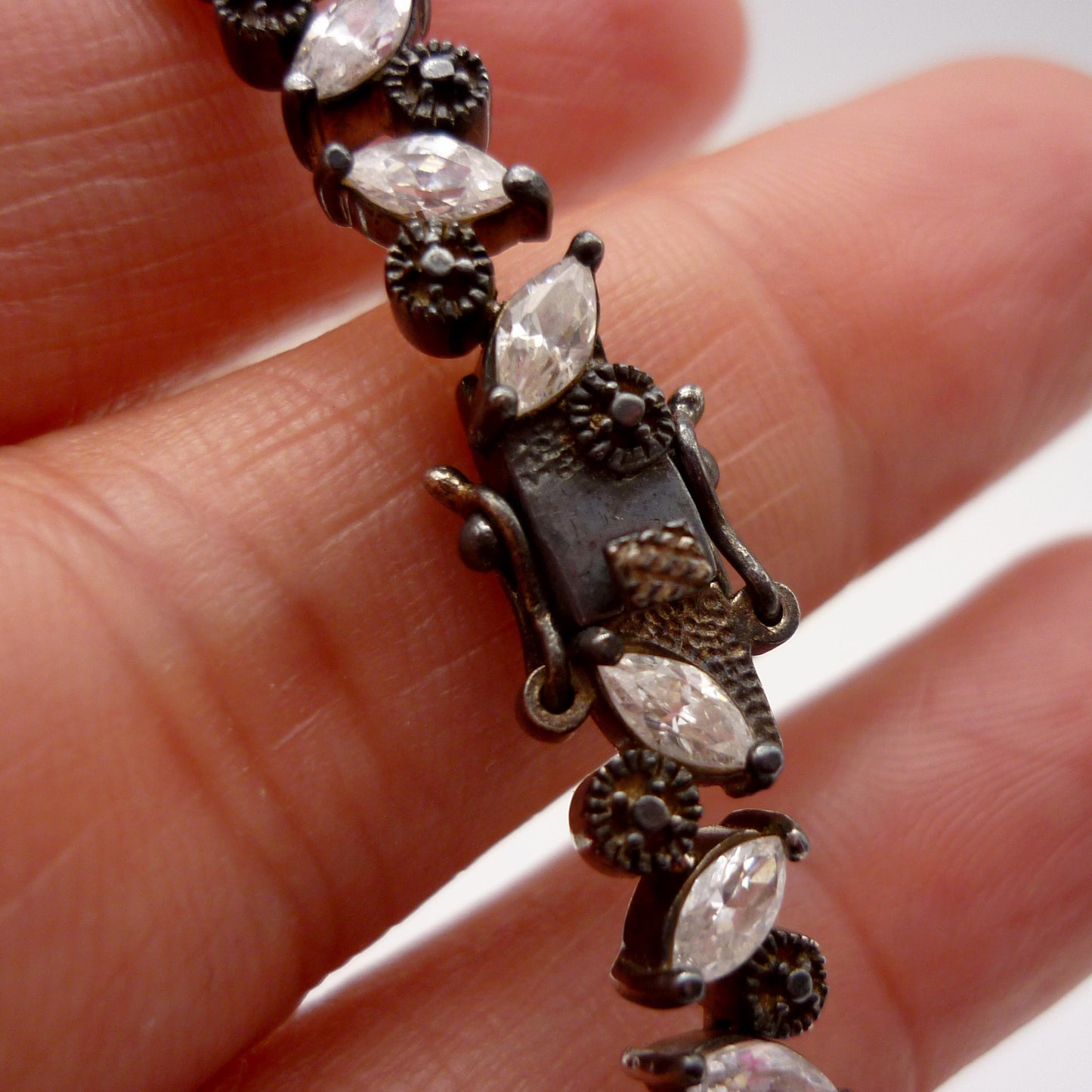 Vintage Sterling Silver Tennis Bracelet, Marquise Cut Cubic Zirconia