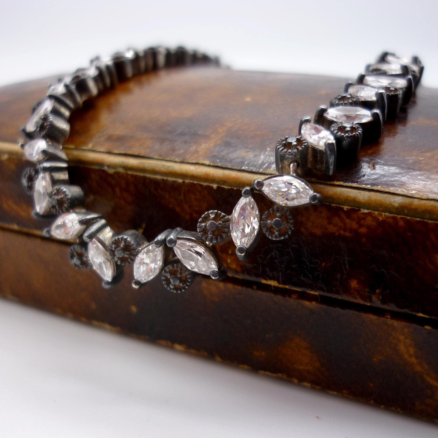 Vintage Sterling Silver Tennis Bracelet, Marquise Cut Cubic Zirconia