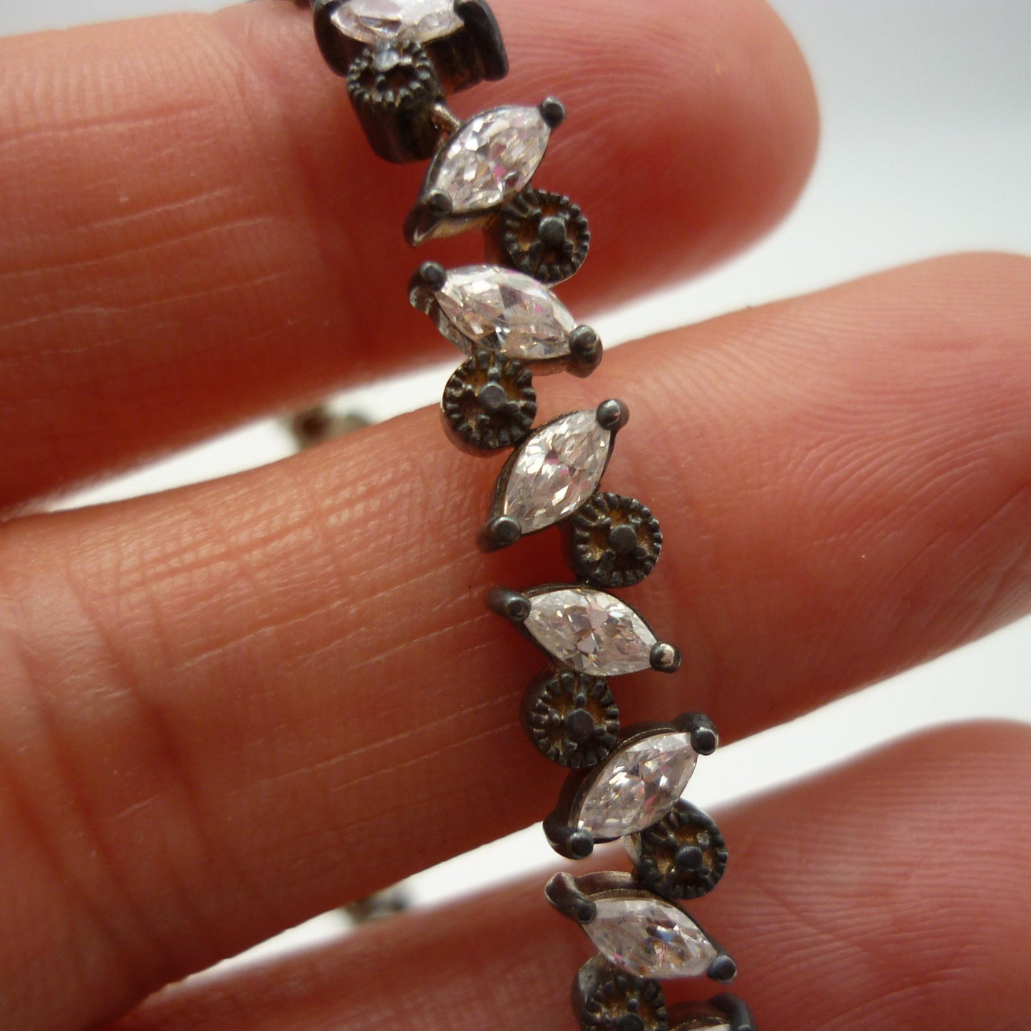 Vintage Sterling Silver Tennis Bracelet, Marquise Cut Cubic Zirconia