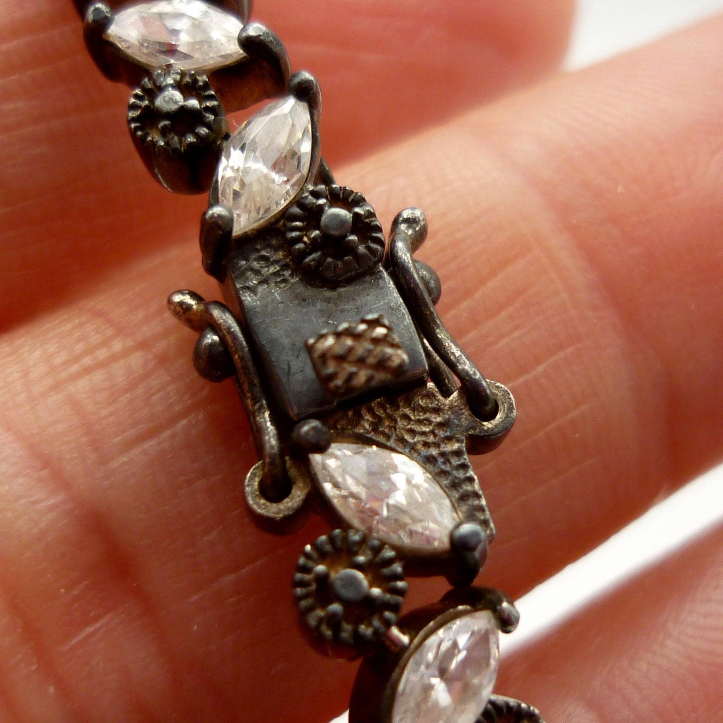 Vintage Sterling Silver Tennis Bracelet, Marquise Cut Cubic Zirconia