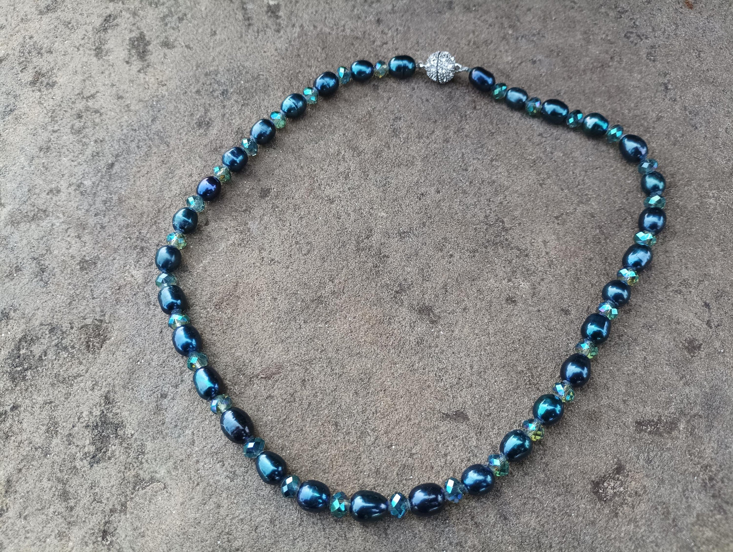 Vintage Peacock Pearl & Crystal Necklace Bracelet Set: Iridescent Teal Jewelry