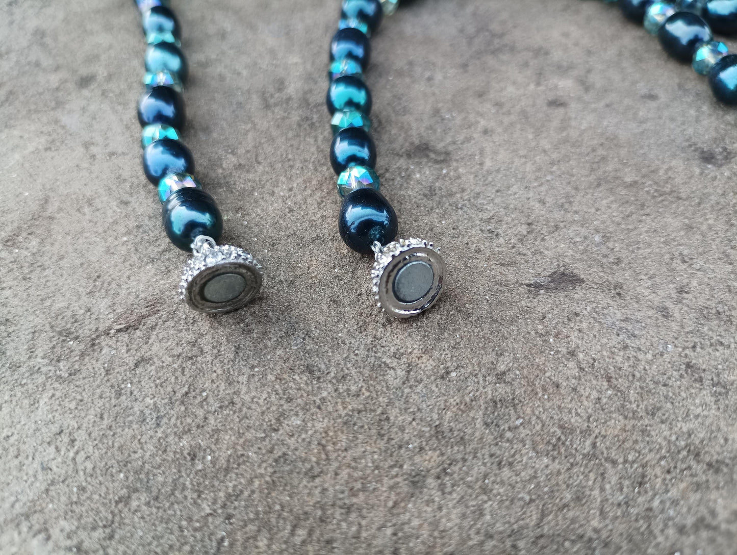 Vintage Peacock Pearl & Crystal Necklace Bracelet Set: Iridescent Teal Jewelry