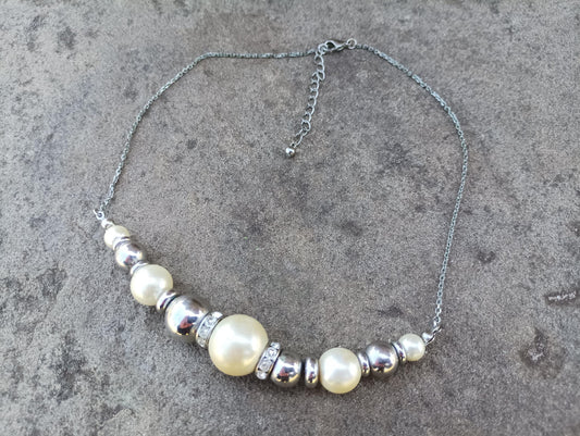 Vintage Pearl Beaded Necklace: 1990s Silver Tone Chain Choker