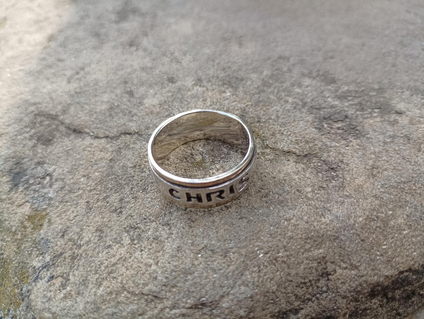 Vintage Two Tone Spinner Ring: 'Chris' Name, CZ Stones, Size US 8.75