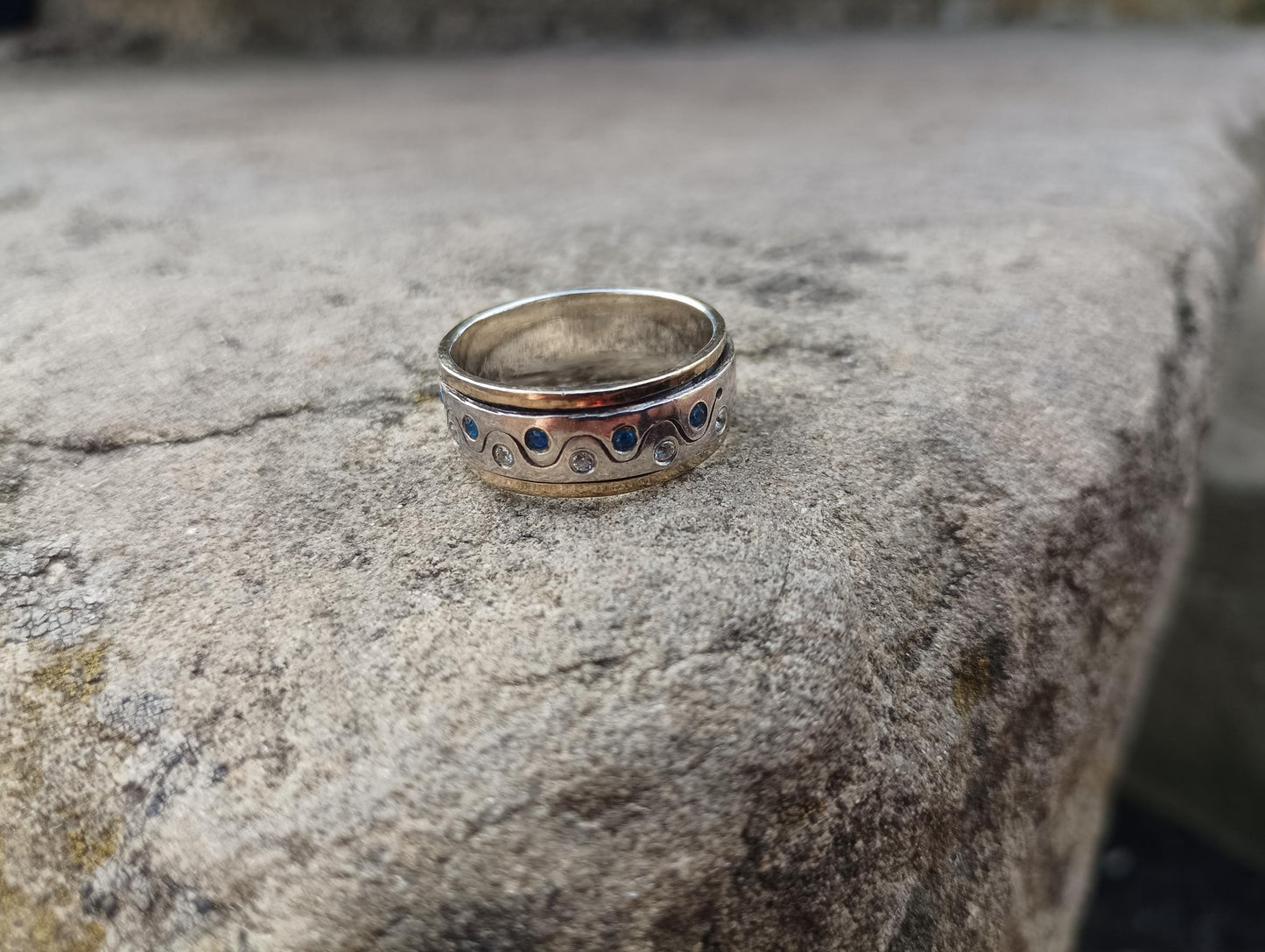 Vintage Two Tone Spinner Ring: 'Chris' Name, CZ Stones, Size US 8.75