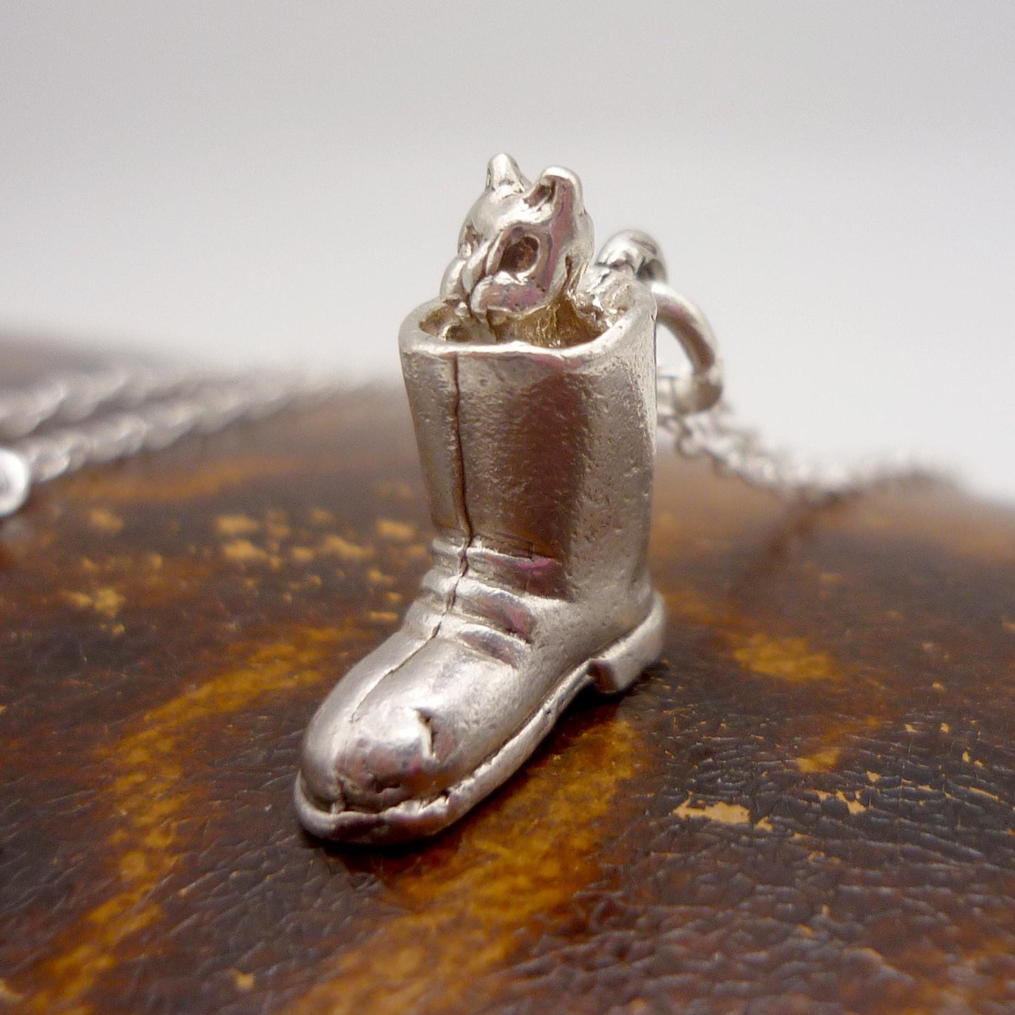 Silver Puss in Boots Charm Necklace