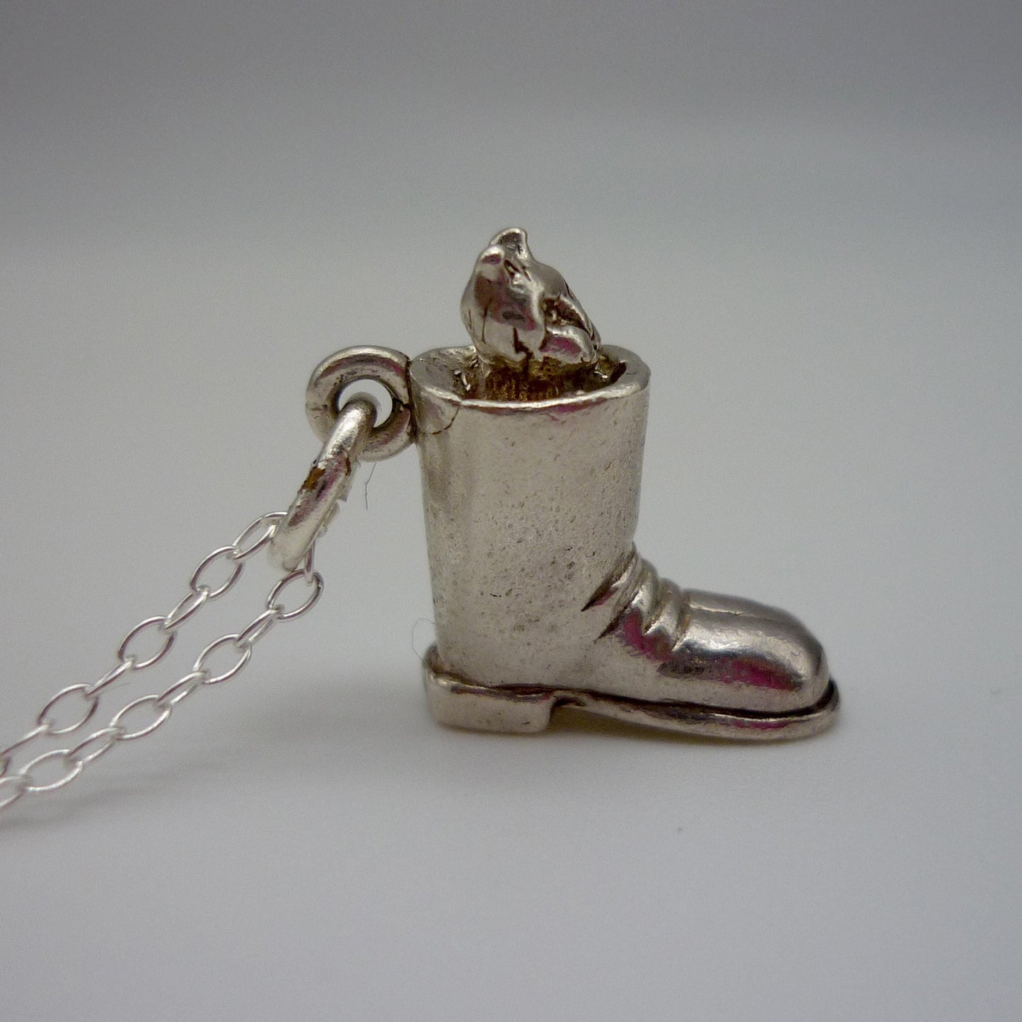 Silver Puss in Boots Charm Necklace