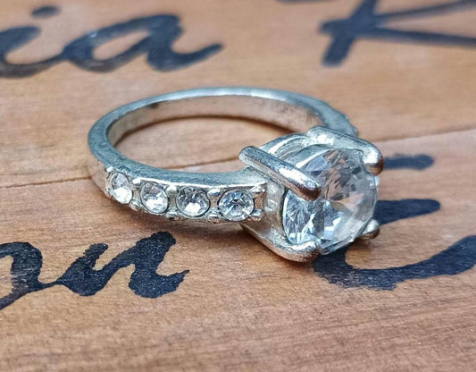 Vintage CZ Solitaire Ring, Silver Plated Band, Size 6.25