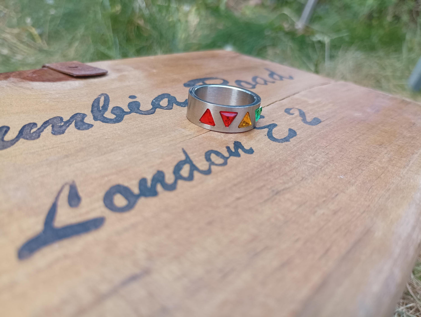 Titanium Rainbow Crystal Ring: Chunky Triangle Design, LGBTQ+ Jewelry