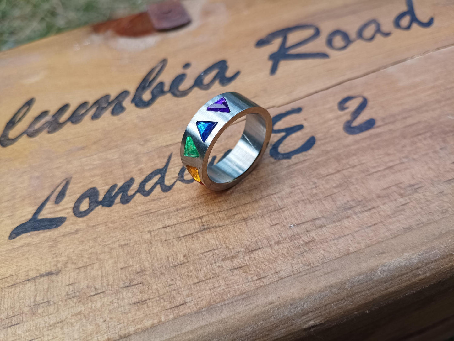 Titanium Rainbow Crystal Ring: Chunky Triangle Design, LGBTQ+ Jewelry