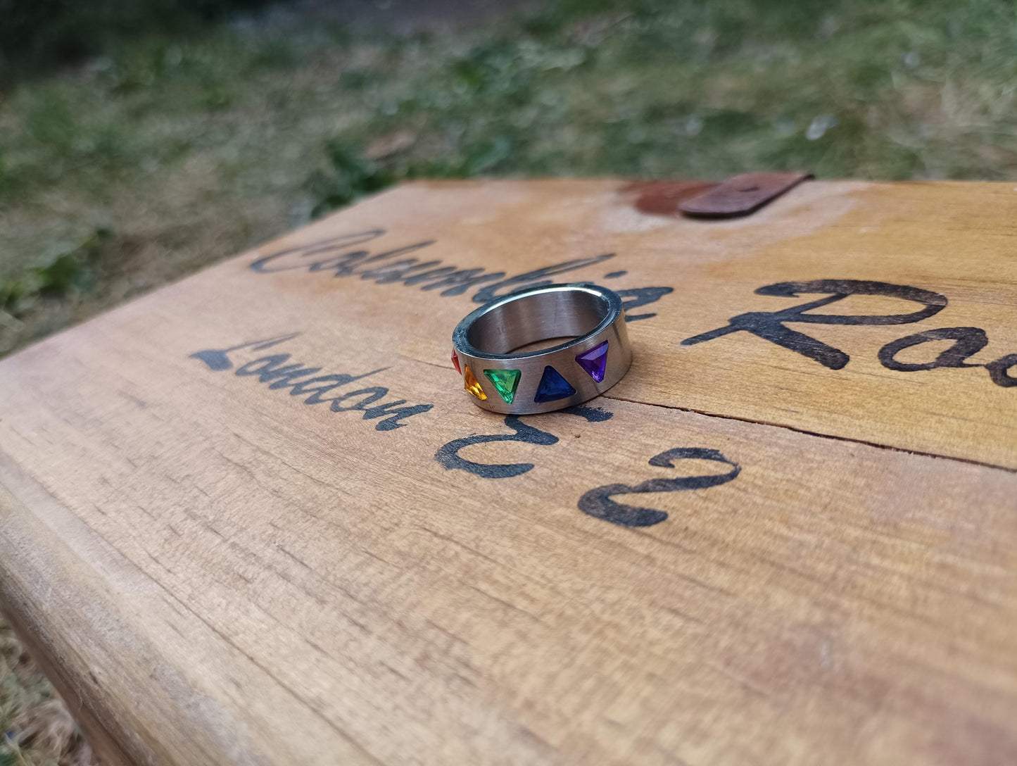 Titanium Rainbow Crystal Ring: Chunky Triangle Design, LGBTQ+ Jewelry