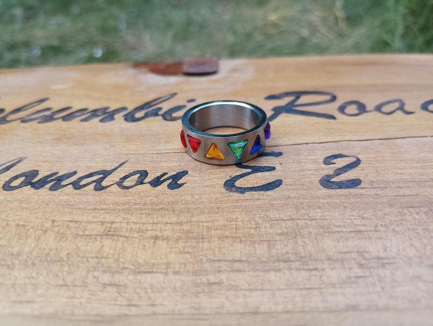 Titanium Rainbow Crystal Ring: Chunky Triangle Design, LGBTQ+ Jewelry