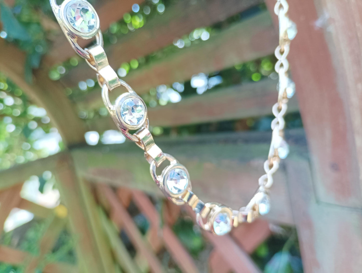 Vintage Gold Plated Rhinestone Chain Necklace: 1980s Costume Jewelry