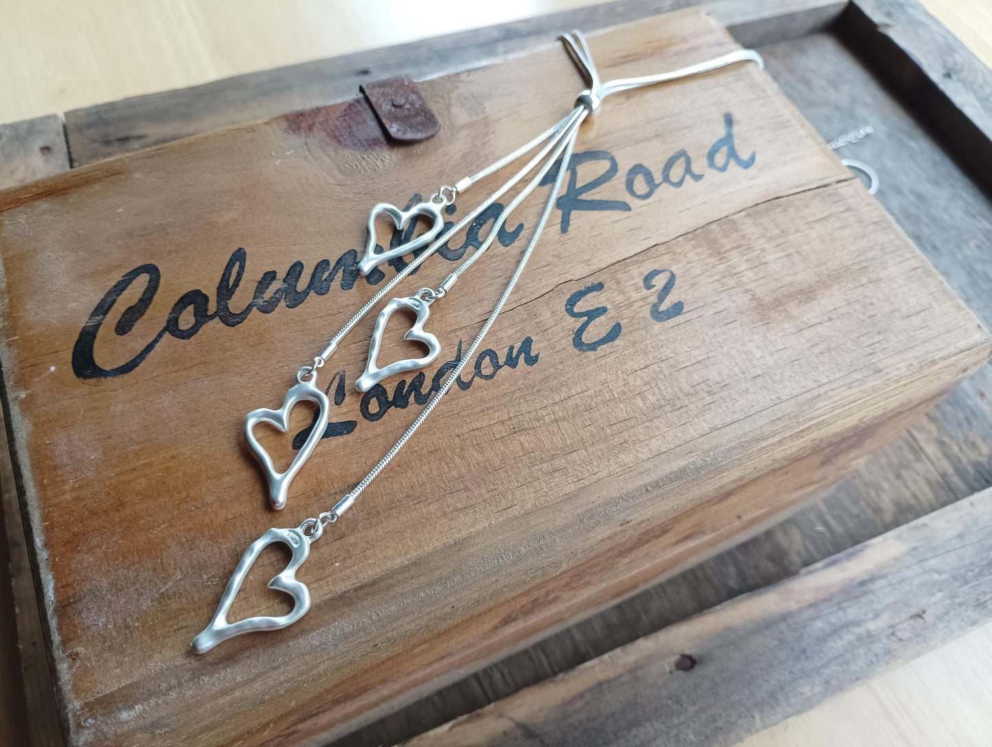 Vintage Silver Tone Snake Chain Necklace: Four Heart Pendants