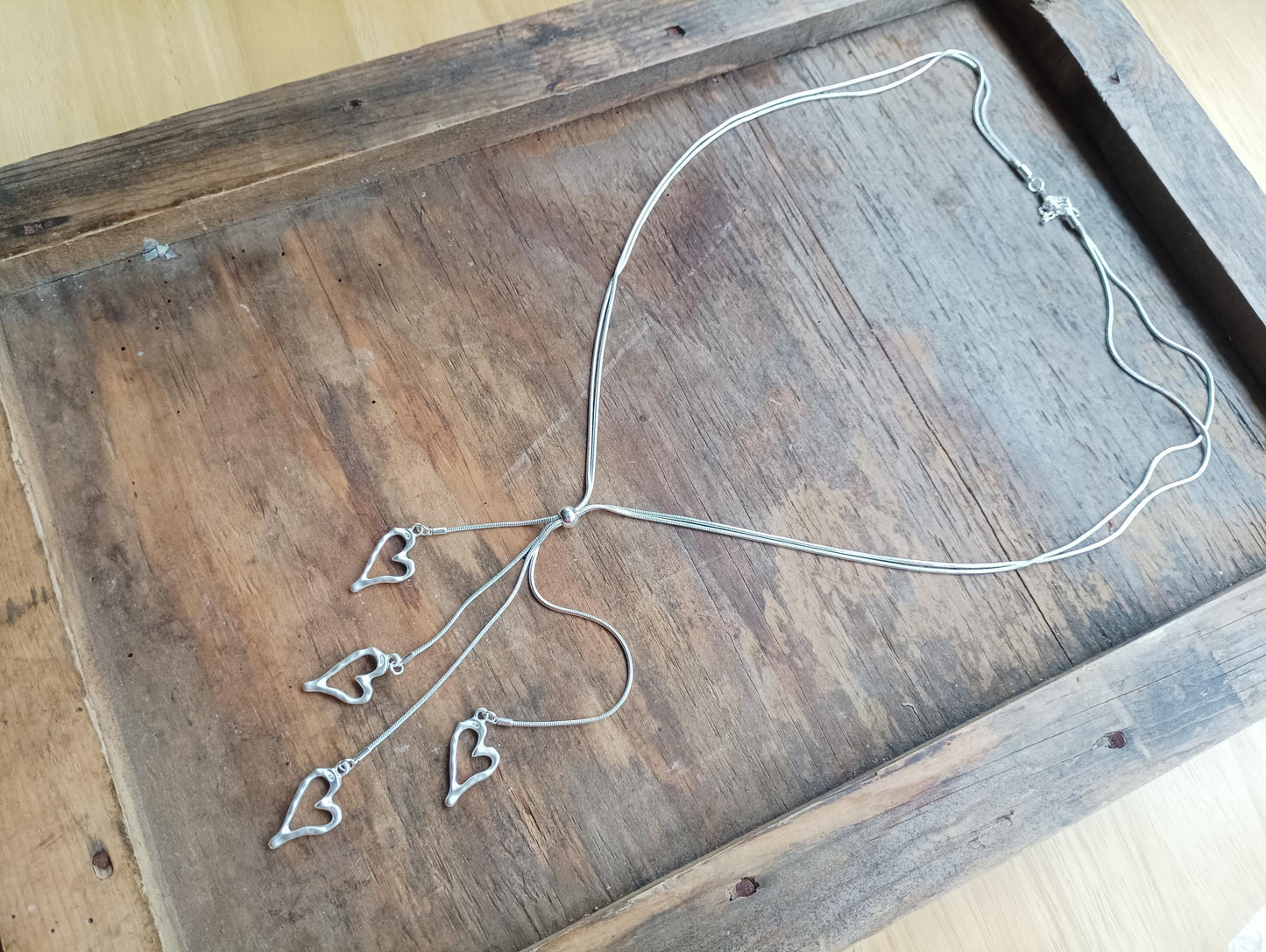 Vintage Silver Tone Snake Chain Necklace: Four Heart Pendants