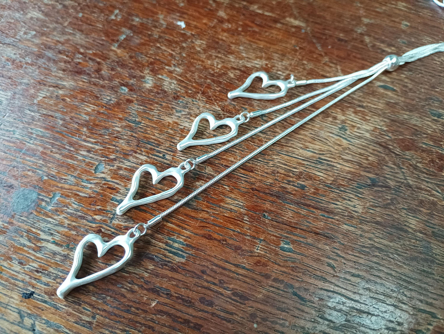 Vintage Silver Tone Snake Chain Necklace: Four Heart Pendants